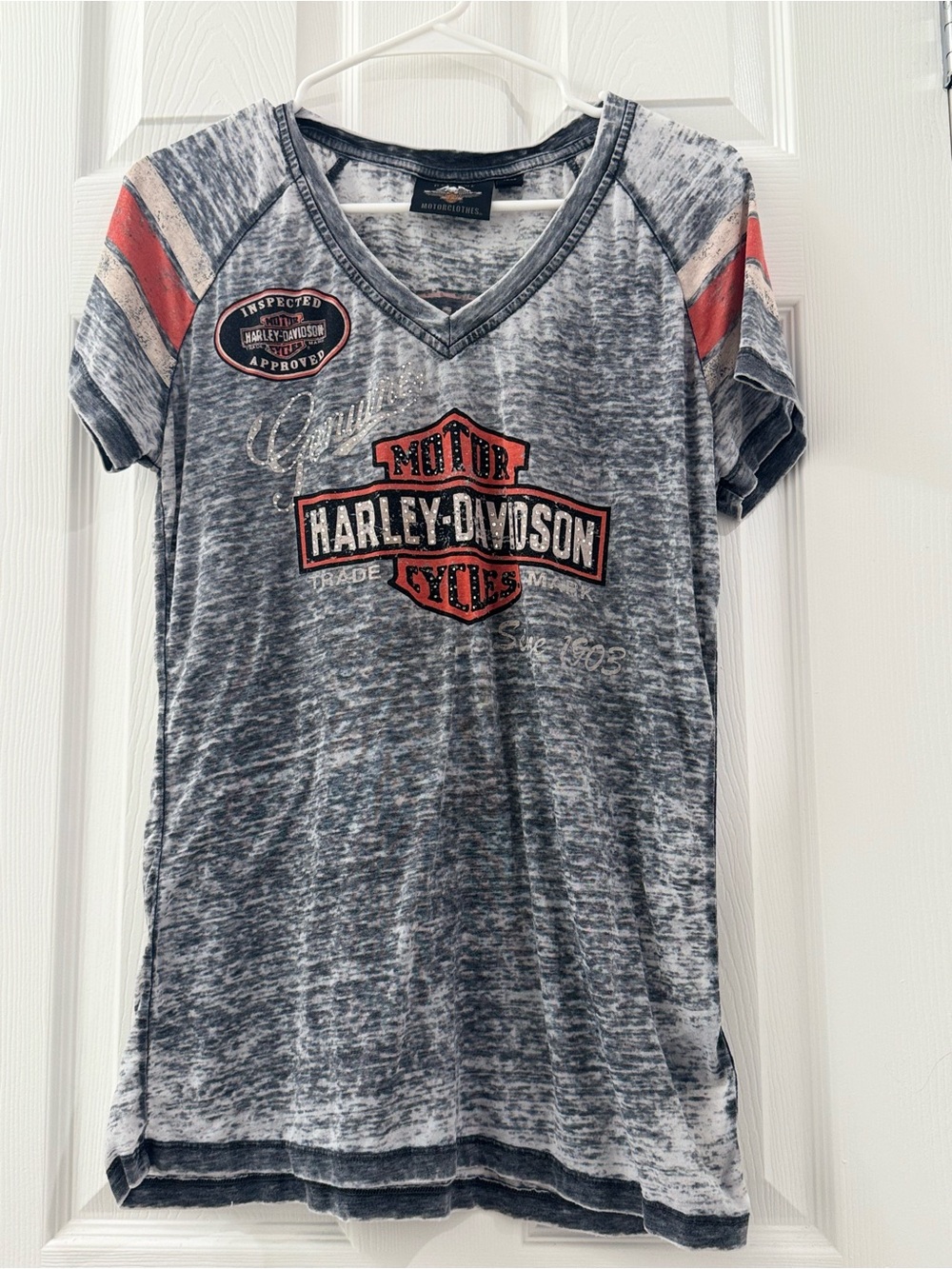 Harley Davidson Burnout Rhinestone Graphic V-Neck Tee Size Large